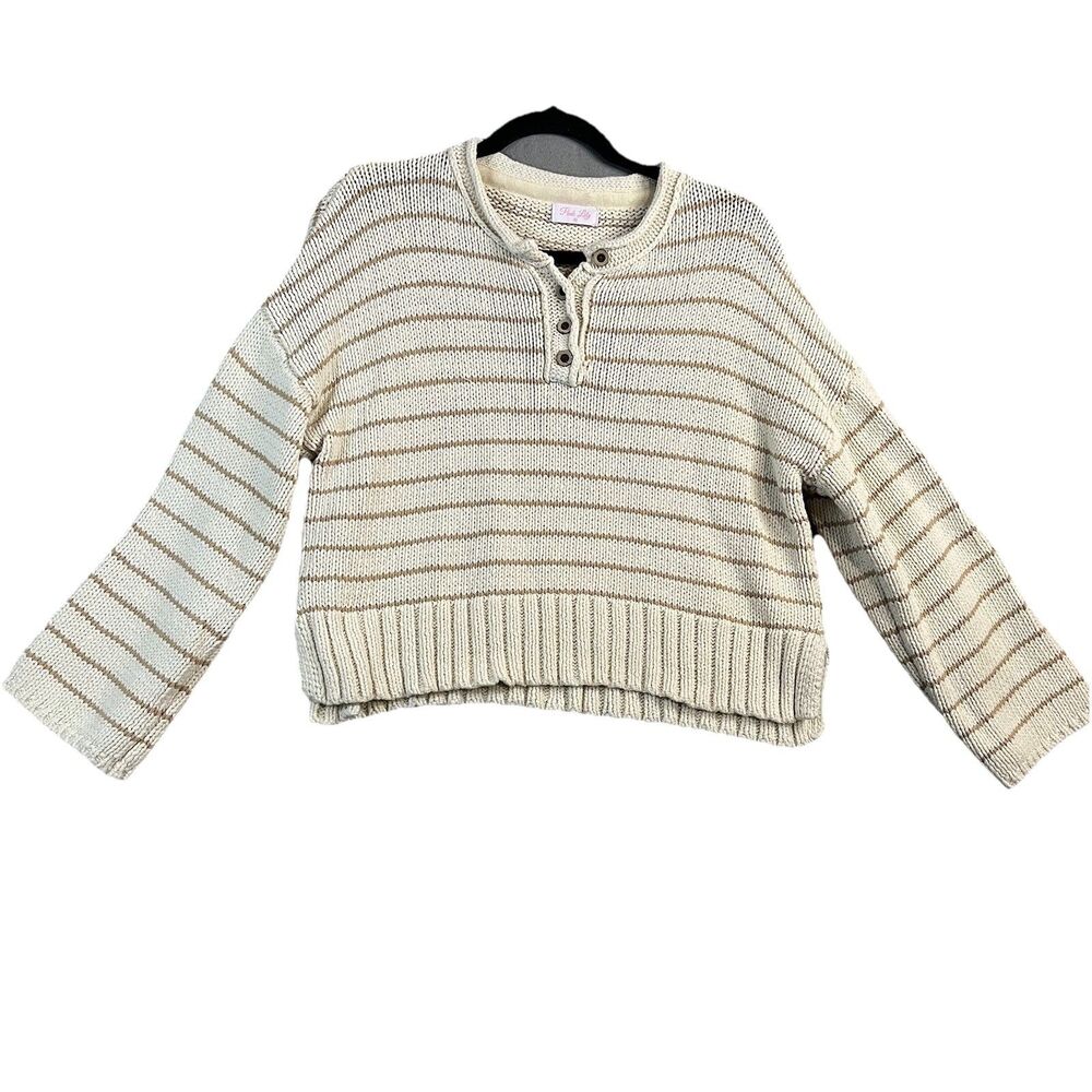 Pink Lily Henley Button Oversized Boxy Crop Tan Cream Striped Sweater Size M